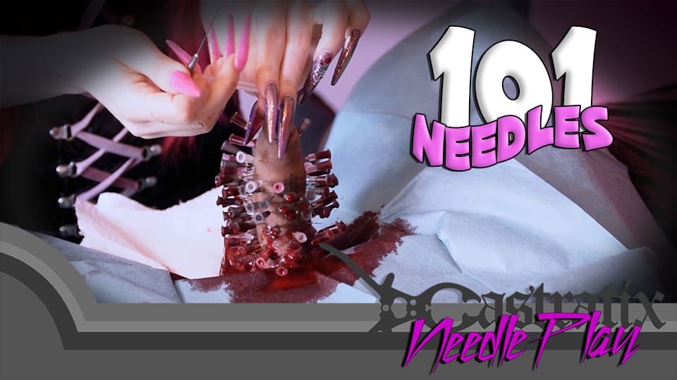 BDSM Needleplay Mistress Urnom sticks 101 needles in slave penis! 